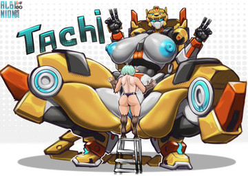 big_breasts black_body blue_eyes blue_nipples breasts eyelashes female female/female genitals gesture glowing glowing_eyes hair hand_gesture horn huge_breasts ladder larger_female looking_at_viewer machine macro multicolored_body narrowed_eyes nipples penetration shaded_face size_difference smaller_female solo spread_legs spreading strapon tail technophilia thick_thighs tire v_sign vaginal vaginal_penetration white_body white_hair wide_hips yellow_body albinionart metalcard_bot taki_(metalcard_bot) cheetah felid feline horned_humanoid humanoid mammal robot robot_humanoid 2026 digital_drawing_(artwork) digital_media_(artwork)