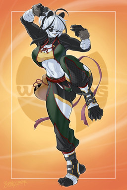 5_fingers 5_toes action_pose ahoge anthro arm_wraps bandage belt big_breasts big_butt black_body black_fur black_hair bottomwear breasts butt camel_toe cleavage clothed clothing crop_top feet female fingerless_gloves fingers fishnet_clothing fishnet_legwear fishnet_topwear footwear fur gloves gourd gourd_bottle hair hair_over_eye handwear jacket legwear midriff muscular muscular_female navel on_one_leg open_mouth open_smile pants pawpads pose raised_leg ribbons shirt shorts simple_background smile solo standing stirrup_footwear toeless_footwear toes topwear white_body white_fur white_hair wraps kasaki_yoshihiko wu-tang_clan wu_li-hua_(pltnm06ghost) bear giant_panda mammal 2024 2:3 absurd_res hi_res signature