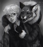 anthro biped blush branch claws clothing duo eyewear female forest fur_collar glasses gloves handwear hug hugging_another hugging_from_behind male open_mouth open_smile outside plant round_glasses smile tree young young_male ydvavofi tiny_bunny alice_the_vixen anton_petrov canid canine fox human mammal 2023 digital_media_(artwork) greyscale hi_res monochrome