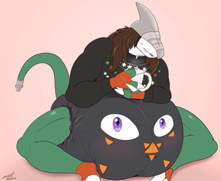 anthro big_diaper clean_diaper clothed clothing diaper diaper_transformation duo holidays male sitting ugly_sweater wearing_diaper steelshark bandai_namco christmas digimon data_(datahazard64) animate_inanimate diaper_creature digimon_(species) guilmon strikedramon hi_res