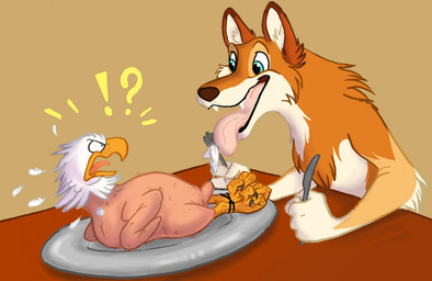 ambiguous_gender anthro beak duo exclamation_point feet feral fur humor imminent_vore interrobang lying male on_back question_mark tongue autumn_sunrise accipitrid accipitriform avian bald_eagle bird canid canine eagle fox mammal sea_eagle 2011