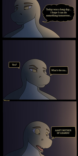anthro dialogue green_body looking_at_another looking_down male nude simple_background solo text yellow_eyes photolol.03 samuel_(photolol.03) lizard reptile scalie comic english_text hi_res