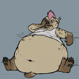 4_toes anthro barefoot belly big_belly biped black_claws black_nose black_pawpads bottomless brown_body brown_fur brown_spots brown_tail claws clothed clothing eyebrows facepalm feet front_view fur grey_background grumpy hair huge_belly hyper hyper_belly male markings mohawk morbidly_obese morbidly_obese_anthro morbidly_obese_male multicolored_body multicolored_fur navel obese obese_anthro obese_male overweight overweight_anthro overweight_male pawpads paws pink_hair raised_clothing raised_shirt raised_topwear reclining shirt short_hair short_tail simple_background small_tail solo spots spotted_body spotted_fur tail tan_body tan_fur tank_top toe_claws toes topwear two_tone_body two_tone_fur white_clothing white_shirt white_topwear nommz raf_(indigorho) hyena mammal spotted_hyena 1:1 2017 digital_media_(artwork) full-length_portrait portrait signature
