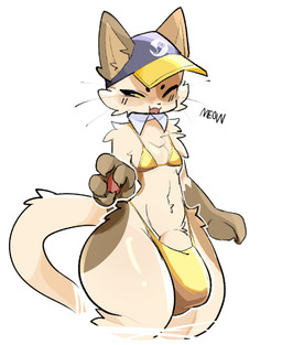 4_fingers anthro big_bulge brown_markings bulge cheek_tuft clothing facial_tuft femboy fingers fur genitals half-closed_eyes hat headgear headwear huge_bulge hung_femboy looking_away male markings meow narrowed_eyes navel open_mouth penis penis_base simple_background small_waist solo tail tan_body tan_fur thick_thighs tuft whiskers white_background wide_hips yellow_bikini_bottom yellow_bikini_top shiyaa_stuff steam_(software) valve steam_sale_cat domestic_cat felid feline felis mammal 2025 colored colored_sketch digital_drawing_(artwork) digital_media_(artwork) sketch