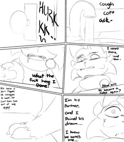 anthro bathroom bodily_fluids female profanity scared sink solo sweat sweatdrop text vomiting wide_eyed worried spicykiwi nintendo pokemon tulip_(spicykiwi) floragato generation_9_pokemon pokemon_(species) absurd_res comic english_text hi_res monochrome story
