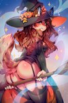 anthro big_butt biped breasts butt clothed clothing eyelashes female hair hat headgear headwear legwear panties pupils smile solo thick_thighs thigh_highs tongue tongue_out underwear witch_hat tekahika canid canine mammal hi_res