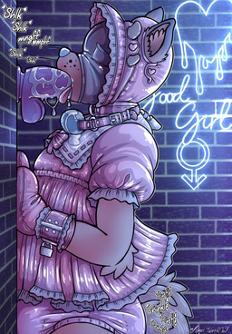 ageplay anthro ball_gag bdsm biped blue_ball_gag blue_nose bodily_fluids bonnet brown_body brown_fur clothed clothing collar crossdressing diaper diaper_cover dildo dildo_in_mouth dress drooling femboy fur gag handwear headgear headwear hood infantilism latex latex_clothing latex_hood latex_mask lock mask mittens neon_sign onomatopoeia oral oral_penetration padlock penetration petplay pink_clothing pink_diaper pink_dildo pink_dress pink_handwear pink_mittens plastic_pants roleplay saliva sex_toy sex_toy_in_mouth sex_toy_insertion sign solo sound_effects text wearing_diaper charry charan_flametail canid canine canis demon hybrid mammal wolf 2026 digital_media_(artwork) english_text hi_res nonbinary_(lore)