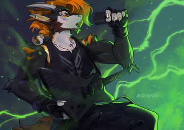 anthro biped bottomwear claws clothed clothed_anthro clothed_male clothing fingers front_view fully_clothed fully_clothed_anthro fully_clothed_male fur guitar hair horn male musical_instrument pants plucked_string_instrument solo string_instrument tail teeth tongue topwear tlt_echelon mythology dragon mythological_creature mythological_scalie scalie 2026 digital_drawing_(artwork) digital_media_(artwork) hi_res