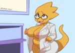 anthro areola breasts clothed clothing coat eyewear female genitals glasses heart_eyes heart_symbol lab_coat nipples no_underwear nude open_mouth presenting pussy rectangular_glasses solo tongue tongue_out topwear shen_hokori undertale undertale_(series) alphys reptile scalie digital_media_(artwork) hi_res portrait three-quarter_portrait