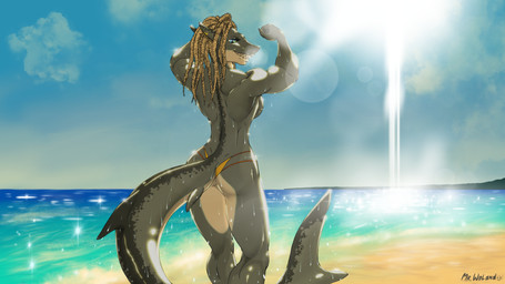 anthro beach blonde_hair blue_eyes clothed clothing dreadlocks female grey_body hair muscular muscular_female sea solo swimwear topless topless_female water mr._woland aquatic fish shark 16:9 4k absurd_res hi_res widescreen