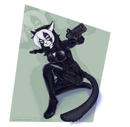action_pose anthro black_body black_clothing breasts cleavage clothed clothing dual_wielding female fur gun hair harness holding_gun holding_object holding_ranged_weapon holding_weapon inner_ear_fluff kneeling leather leather_clothing long_hair multicolored_body multicolored_fur multicolored_hair pink_nose pose ranged_weapon smile smiling_at_viewer solo stealth_suit tuft weapon white_body white_ears white_fur white_hair cordusmkii fao_k._kitan domestic_cat felid feline felis mammal full-length_portrait hi_res portrait