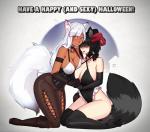 animal_humanoid arctic_fox arctix_(talaniss) bandit_(cathare) blue_eyes breast_squish breasts bunny_and_fox_world canid canid_humanoid canine canine_humanoid cleavage clothed clothing costume duo female female/female fox fox_humanoid fur green_eyes hair halloween hand_holding hi_res holidays humanoid looking_at_viewer mammal mammal_humanoid markings procyonid procyonid_humanoid raccoon raccoon_humanoid rush_(artist) skimpy squish true_fox whisker_markings