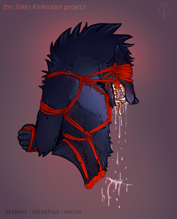 anthro bdsm blindfold bodily_fluids bondage bound cuff_(restraint) erection fangs gag handcuffed handcuffs metal_cuffs muzzle_(object) restraints rope rope_bondage rope_gag rope_muzzle saliva saliva_string stuck teeth teeth_showing tongue tongue_out sheepish_spice kinktober kinktober_2025 mythology canid canine canis mammal mythological_canine mythological_creature werecanid werecanine werecreature werewolf wolf 2025 hi_res