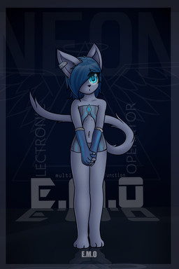 anthro artificial_intelligence blue_eyes computer electronics female machine neon paws shy solo standing dream_mirage e.m.o android digital_creature domestic_cat felid feline felis mammal robot 2:3 comic hi_res