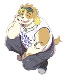 anthro belly bottomwear clothing kemono male one_eye_closed overweight overweight_male pants shirt simple_background solo topwear white_background wink konbu lifewonders live_a_hero hisaki_(live_a_hero) canid canine canis domestic_dog mammal 2024