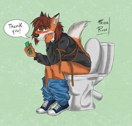 anthro bdsm blush bondage bottomwear bottomwear_down bound clothed clothing countershading electronics embarrassed footwear frida_rush hoodie male pants pants_down partially_clothed phone pooping restraints rope rope_bondage shoes sitting sitting_on_toilet smile smiling_at_viewer speech_bubble toilet toilet_use topwear fridarush canid canine fox mammal