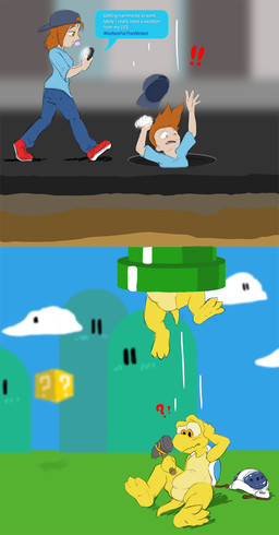 ?_block anthro armor backwards_baseball_cap backwards_hat baseball_cap block blush bubble_gum bulge cellphone city cityscape clothed clothing confusion electronics falling featureless_crotch feet hammer hat headgear headwear helmet hole_(pit) male mid_transformation nude outside paws phone pipe scales shell smartphone solo text text_box tools transformation turtle_shell walking warp_pipe yellow_body yellow_scales kyrio mario_bros nintendo bro_(koopa) hammer_bro human koopa mammal reptile scalie turtle english_text hi_res trans_(lore) trans_man_(lore)