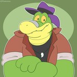 anthro biped clothing green_background green_body hat headgear headwear shirt simple_background solo topwear eltomasso brok_the_investigator cowcat_games brok_(brok_the_investigator) alligator alligatorid crocodilian reptile scalie 1:1 2023 hi_res portrait