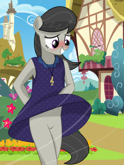 anthro anthrofied assisted_exposure black_hair blue_clothing blue_dress blush clothed clothing dress embarrassed female fur genitals grey_body grey_fur hair jewelry navel no_underwear pendant solo upskirt vulva wind young young_anthro tolpain friendship_is_magic hasbro my_little_pony octavia_(mlp) earth_pony equid equine horse mammal pony 2019 absurd_res hi_res