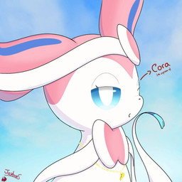 blue_inner_ear blue_sclera bored broken_heart_necklace directional_arrow female feral gradient_eyes heart_necklace heart_symbol pink_body pupils red_text ribbons_(anatomy) simple_background solo text white_body white_pupils joshuas ambient_among_us nintendo pokemon cora_(joshuas) eeveelution generation_6_pokemon pokemon_(species) sylveon 1:1 portrait signature spanish_text three-quarter_portrait translation_check translation_request