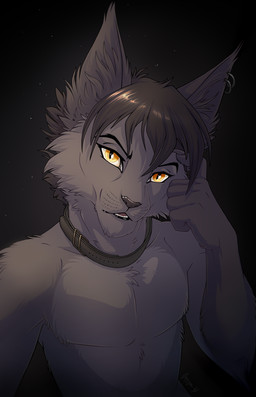 anthro bangs black_background black_claws black_collar black_hair black_nose cheek_tuft claws collar collar_only ear_piercing eyelashes facial_tuft fur grey_body grey_fur hair inner_ear_fluff looking_at_viewer male nude open_mouth piercing short_hair simple_background solo tuft whisker_spots yellow_eyes omega_lioness domestic_cat felid feline felis mammal 2025 colored half-length_portrait hi_res portrait shaded