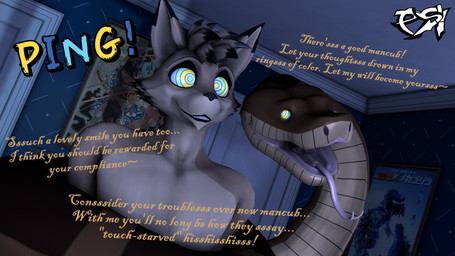 ambiguous_gender anthro black_highlights brown_body brown_fur brown_hair brown_scales coiling cross-eyed dialogue duo feral fur hair highlights_(coloring) hypnosis hypnotic_eyes male mind_control multicolored_hair restrained ringed_eyes scales smile submissive submissive_male text tongue tongue_out two_tone_hair psikokinetic warfaremachine_(modeler) the_jungle_book toho kaa_(jungle_book) psiko_(psikokinetic) canid canine canis jackal mammal python reptile scalie snake 16:9 2024 3d_(artwork) 4k absurd_res digital_media_(artwork) english_text hi_res source_filmmaker_(artwork) widescreen male_(lore)