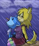 anthro beady_eyes blue_body bottomwear boy_shorts clothing duo eyes_closed female happy humor legwear open_mouth raining sitting skirt sleeveless_hoodie small_shirt thigh_highs underwear wet wet_body wet_clothing yellow_body fourssss sega sonic_the_hedgehog_(series) yummy_rain_(meme) ellie_the_wolf fan_character skitter_the_gecko 2024 digital_drawing_(artwork) digital_media_(artwork) hi_res meme