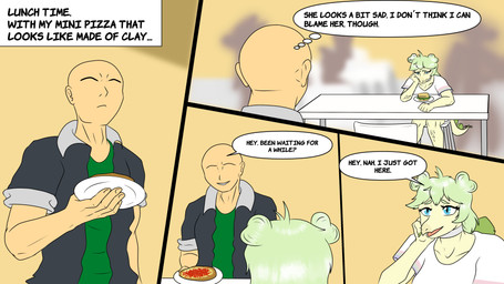 anthro bald blue_eyes blurred_background chair clothed clothed_anthro clothed_female clothed_human clothed_male clothing dialogue duo female food furgonomics furniture green_body green_clothing green_hair green_scales green_shirt green_topwear grey_clothing grey_jacket grey_topwear hair hair_bun jacket long_hair looking_at_another low-angle_view male open_clothing open_jacket open_topwear pizza plate scales shirt sitting speech_bubble spiked_tail spikes spikes_(anatomy) standing table tail talking_to_another text thinking thought_bubble topwear twin_buns white_clothing white_shirt white_topwear fuegosonic93 cavemanon_studios goodbye_volcano_high ko_op_(game_developer) snoot_game anon_(snoot_game) stella_(gvh_beta) dinosaur human mammal ornithischian prehistoric_species reptile scalie stegosaurian stegosaurus thyreophoran 16:9 4k absurd_res colored comic english_text hi_res widescreen