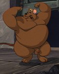 anthro balls belly big_belly big_cheeks chubby_cheeks clothing double_chin flexing genitals hat headgear headwear male moobs overweight overweight_male penis smoking solo embearassingart an_american_tail don_bluth moe_(an_american_tail) mammal murid murine rat rodent 2024 hi_res