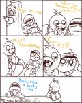absurd_res animatronic anthro avian bird butt chica_(fnaf) clothed clothing comic crisis-omega dialogue english_text female five_nights_at_freddy's hi_res human innuendo machine male mammal monochrome robot scottgames suggestive text