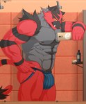 abs anthro big_muscles bulge cellphone clothing electronics holding_object holding_phone inside jockstrap male mirror mirror_selfie muscular muscular_anthro muscular_male nipples pecs phone selfie shower smartphone smile solo standing underwear c_andreartz nintendo pokemon generation_7_pokemon incineroar pokemon_(species) 2021 absurd_res hi_res