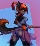 anthro armor black_body black_fur breasts butt clothed clothing female fluffy fluffy_tail fur hair holding_object holding_weapon katana legwear melee_weapon multicolored_body multicolored_fur multicolored_tail partially_clothed ponytail red_hair scabbard sheathed_weapon solo stripes sword tail thigh_highs weapon yellow_eyes prisma6 mammal hi_res