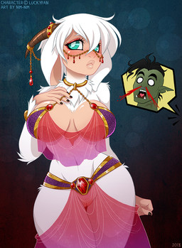 anthro big_breasts black_hair blood bodily_fluids breasts clothing duo eyelashes eyeshadow fangs female fur gem genitals green_body green_eyes green_skin hair horn jewelry makeup male nosebleed silk solo_focus teeth translucent translucent_clothing vulva white_body white_fur wide_hips nim-nim bovid caprine goat humanoid mammal orc digital_media_(artwork) shaded