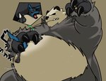 96_gatefield anthro belly belly_press belly_squish big_belly claws duo generation_4_pokemon generation_6_pokemon leaf lucario lying male male/male nintendo on_front open_mouth overweight overweight_anthro overweight_male pangoro pawpads paws pinned pokemon pokemon_(species) squish