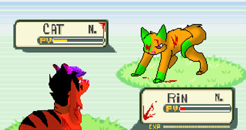 ambiguous_gender battle blood bodily_fluids duo gameplay_mechanics gui health_bar pokemon_battle rinelle_(artist) fakemon nintendo pokemon bovid canid canine canis caprine domestic_cat domestic_dog felid feline felis goat herding_dog mammal pastoral_dog welsh_corgi low_res