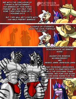 anthro big_breasts biped blonde_hair bodily_fluids breasts bulge clothed clothing detailed_bulge dialogue electronics eyewear female genital_outline glasses group hair holding_microphone holding_object male mature_female microphone muscular muscular_male open_mouth penis_outline pupils saliva smile text thick_thighs three-quarter_view thebigbadwolf01 friendship_is_magic hasbro my_little_pony applejack_(mlp) mayor_mare_(mlp) twilight_sparkle_(mlp) equid equine mammal zebra absurd_res comic english_text hi_res
