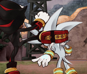 anthro attack biped black_body black_fur clothing duo fist footwear fur gloves grey_body grey_fur handwear kick male outside rear_view red_body red_fur shoes white_body white_fur demonhedgehog sega sonic_the_hedgehog_(series) shadow_the_hedgehog silver_the_hedgehog eulipotyphlan hedgehog mammal 2018 redraw
