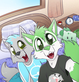 alarm_clock anthro bed bed_sheet bedding biped black_clothing black_nose black_shirt black_topwear blue_bottomwear blue_clothing blue_pants blue_shirt blue_topwear bottomwear cheek_tuft clock clothed clothing duo facial_tuft front_view fur furniture gloves_(marking) green_body green_eyes green_fur green_markings green_nose grey_body grey_fur head_tuft inside looking_at_viewer male markings on_bed open_mouth open_smile pants pillow selfie shirt smile teeth tongue topwear tuft white_body white_fur young young_anthro young_male fuf canid canine canis mammal wolf 2019 hi_res