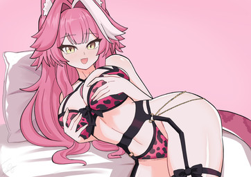 animal_print bed belly big_breasts breasts butt clothing curvy_figure female furniture glistening_thighs hair holding_breast holding_own_breasts leopard_print lingerie on_bed pink_clothing pink_hair pink_lingerie pink_tail solo tail voluptuous wide_hips yellow_eyes eduson hololive hololive_en vtuber raora_panthera animal_humanoid felid felid_humanoid humanoid mammal mammal_humanoid pantherine pantherine_humanoid hi_res
