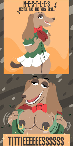 anthro bow_ribbon breasts brown_body brown_fur clothing derp_eyes dress female flashing flashing_breasts fur nipple_piercing nipples piercing presenting presenting_breasts puppet solo teeth text undressing shane_frost nestle canid canine mammal comic english_text hi_res