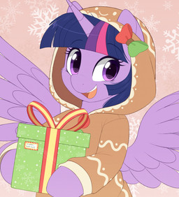 clothing female feral gift horn open_mouth ribbons robe smile smiling_at_viewer snowflake solo toony wings higglytownhero friendship_is_magic hasbro my_little_pony mythology twilight_sparkle_(mlp) equid equine mammal mythological_creature mythological_equine winged_unicorn hi_res