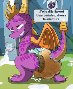 abdl bodily_fluids claws clothed clothing crouching dialogue diaper diaper_fetish digitigrade dripping drooling feces female feral genital_fluids horn littlepawz_(diaper) looking_pleasured male membrane_(anatomy) membranous_wings purple_body purple_eyes raised_tail saliva saliva_drip scales soiled_diaper solo speech_bubble stink_fumes stink_lines stinky_diaper tail text tremble_lines unclean_diaper urine used_diaper using_diaper ventral_scales wearing_diaper wet_diaper wetting wetting_diaper wings yellow_body marvispot84 abuniverse activision littlepawz mythology spyro_reignited_trilogy spyro_the_dragon cynder spyro dragon mythological_creature mythological_scalie scalie absurd_res hi_res spanish_text translation_check translation_request