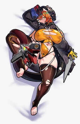 2_horns abs big_breasts bird's-eye_view black_clothing black_fingerless_gloves black_gloves black_handwear black_horn black_thong black_underwear blush blush_lines breasts brown_clothing brown_legwear brown_thigh_highs butt butt_from_the_front camel_toe clothing curled_horn duo feet female fingerless_gloves glistening glistening_body glistening_clothing glistening_leotard glistening_skin gloves green_eyes hair handwear high-angle_view horn huge_breasts humanoid_pointy_ears knife legwear leotard living_tail long_ears long_hair long_sleeves looking_at_viewer lying markings mole_(marking) navel nipple_outline not_furry on_back orange_clothing orange_hair orange_leotard orange_pupils pointy_ears puffy_sleeves pupils red_pupils skindentation spread_legs spreading tail tail_around_leg teal_eyes thick_thighs thigh_highs thong toeless_thigh_highs torn_clothing torn_leotard torn_thigh_highs underwear unusual_anatomy unusual_tail wide_hips yellow_clothing yellow_gloves yellow_handwear yellow_sclera mold_(pixiv6616319) mihoyo zenless_zone_zero magus_(zenless_zone_zero) orphie_magnusson chimera chimera_humanoid horned_humanoid humanoid tailed_humanoid 2026 3d_(artwork) absurd_res digital_drawing_(artwork) digital_media_(artwork) hi_res mixed_media