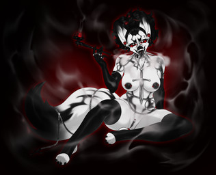 accessory alternative_fashion anthro areola armwear big_breasts black_areola black_hair black_nipples black_vulva breasts bridge_piercing chain christian_cross christian_symbol christina_piercing clothing collar cross crucifix curly_hair ear_piercing elbow_gloves eyebrow_piercing eyebrow_ring facial_piercing female footwear forked_tongue fur genital_piercing genitals gloves goth hair hair_accessory hairclip handwear humanoid_genitalia humanoid_vulva jewelry knife legwear looking_at_viewer multicolored_vulva nipple_piercing nipples nose_piercing nude piercing red_eyes religion religious_symbol ring_(jewelry) ring_piercing simple_background smile smoke smoke_from_mouth smoking smoking_pipe socks solo stirrup_socks stirrup_thigh_socks tail thick_tail thigh_highs thigh_socks tongue tongue_piercing two_tone_vulva vulva vulva_piercing waist_accessory white_body white_fur anomoly520 christianity arctic_fox canid canine fox mammal true_fox