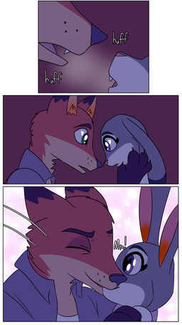 anthro breath claws clothing collared_shirt dipstick_ears dress_shirt duo ear_markings ears_down ears_up eye_contact eyes_closed female green_eyes heart_symbol kiss_on_lips kissing looking_at_another male multicolored_ears onomatopoeia paws pivoted_ears purple_eyes shirt side_view simple_background sound_effects text three_frame_image topwear tuft hahstudios disney zootopia judy_hopps nick_wilde canid canine european_rabbit fox lagomorph leporid mammal oryctolagus rabbit red_fox true_fox comic