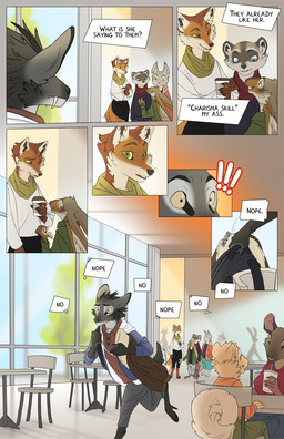 anthro big_ears biped black_nose brown_body brown_eyes brown_fur chair chatting clothed clothed_anthro clothing container cup dipstick_tail female fur furniture gesture green_eyes grey_body grey_fur group hand_gesture head_tuft holding_container holding_cup holding_object inner_monologue inside male markings multicolored_body multicolored_fur on_chair pink_nose pointing pointy_ears prick_ears running_away sitting sitting_on_chair snout standing table tail tail_markings tan_body tan_fur text text_box thinking tuft tusks yellow_sclera falco_works cameron_(falco_works) pen_(falco_works) rosa_(falco_works) canid canine cervine deer felid feline fox lagomorph leporid mammal procyonid rabbit raccoon tufted_deer 2023 comic digital_media_(artwork) english_text hi_res