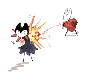 2_horns ambiguous_gender anthro biped black_body black_eyes bomb cloak clothed clothing duo explosion explosives horn motion_lines red_cloak red_clothing red_eyes simple_background standing throwing_object white_background aaasakawa hollow_knight_(franchise) team_cherry grimm_(hollow_knight) hornet_(hollow_knight) arthropod 2026 hi_res female_(lore) male_(lore)