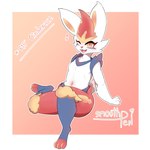 3_fingers 3_toes ambiguous_gender black_body black_fur buckteeth feet feral fingers fur leaning leaning_backward light_blush looking_at_viewer multicolored_body multicolored_fur one_eye_closed open_mouth orange_eyes rabbit_ears red_body red_fur scut_tail short_tail sitting smile smiling_at_viewer solo tail teeth text toes wink winking_at_viewer yellow_body yellow_fur smoothpen nintendo pokemon cinderace generation_8_pokemon pokemon_(species) 1:1 artist_name hi_res signature
