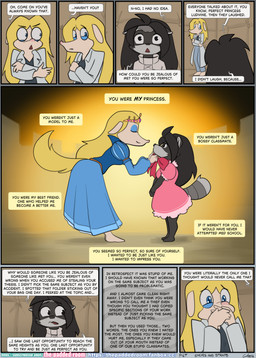 anthro asylum black_hair blonde_hair blue_clothing blue_dress blue_eyes bow_ribbon clothed clothing covering covering_mouth crown detailed_background dialogue dress duo female floppy_ears fully_clothed hair headgear hospital inside long_hair lop_ears medical pink_clothing pink_dress pivoted_ears restraints straitjacket text tiara the_padded_room esmeralda_kingsley ludivine_laminelle canid canine mammal procyonid raccoon absurd_res comic english_text hi_res