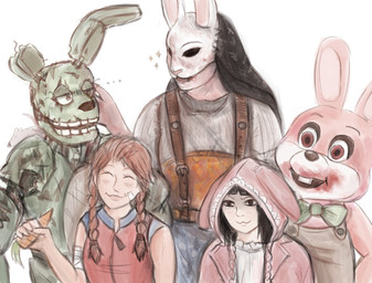 :3 belt black_hair blood blush bodily_fluids braided_hair braided_pigtails brown_eyes buckteeth carrot clothing ellipsis eyes_closed female food green_body hair hoodie machine male mask orange_hair petting plant teeth topwear vegetable veil havesomepotat0 dead_by_daylight five_nights_at_freddy's five_nights_at_freddy's_3 konami scottgames silent_hill feng_min meg_thomas robbie_the_rabbit springtrap_(fnaf) the_huntress_(dead_by_daylight) animatronic human lagomorph leporid mammal mouse murid murine rabbit robot rodent 2025 crossover digital_media_(artwork) hi_res